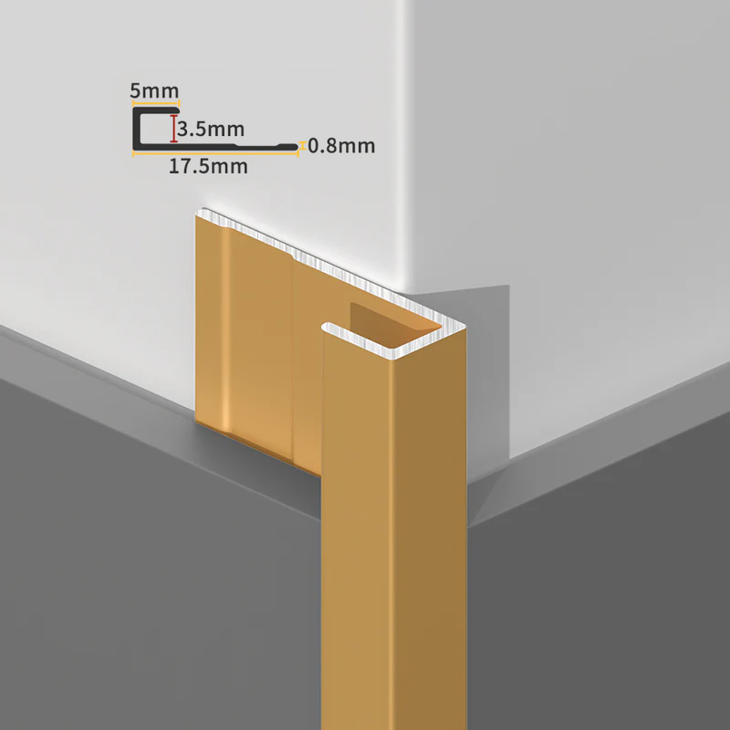Gold aluminum end cap trim on a white panel corner with 5, 3.5, 17.5 and 0.8mm profile dimensions