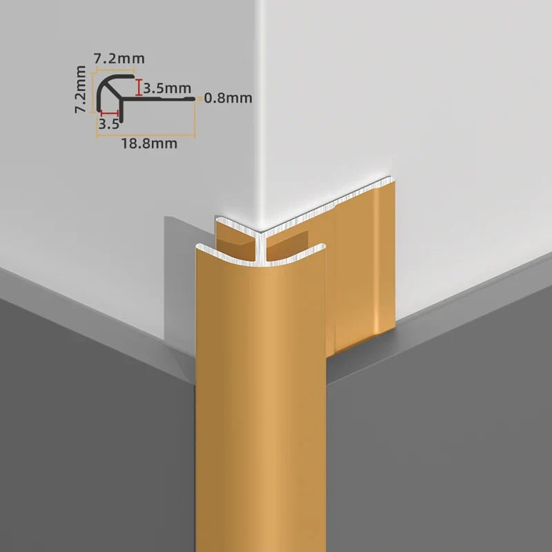 Gold rounded 3mm aluminum outside corner trim fitted to wall panels with a profile diagram