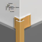 Gold sharp-edge aluminum outside corner trim installed on wall panels with profile measurements