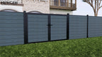 Blue-gray composite privacy fence with aluminum posts and double gate