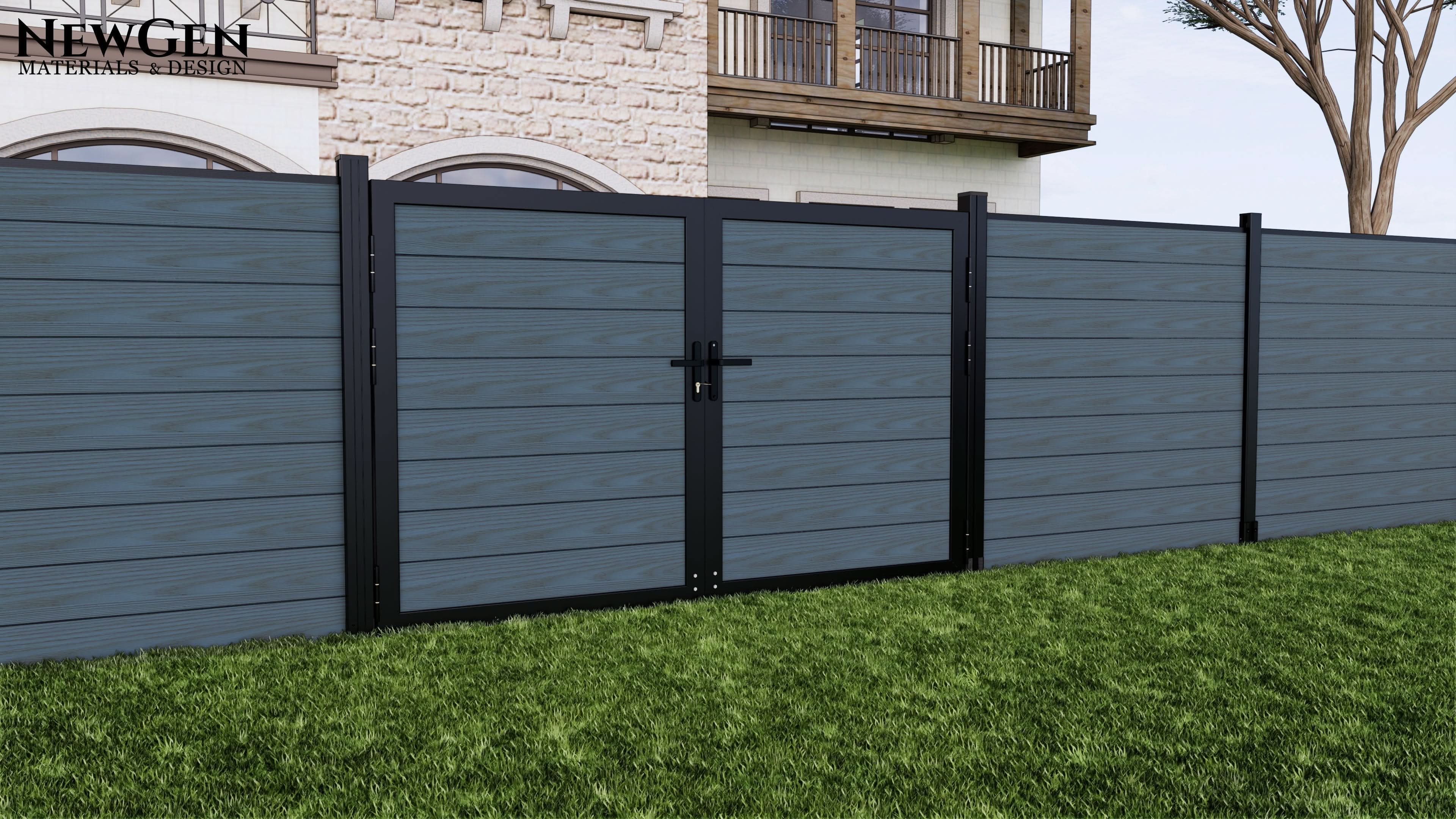 Blue-gray composite privacy fence with aluminum posts and double gate