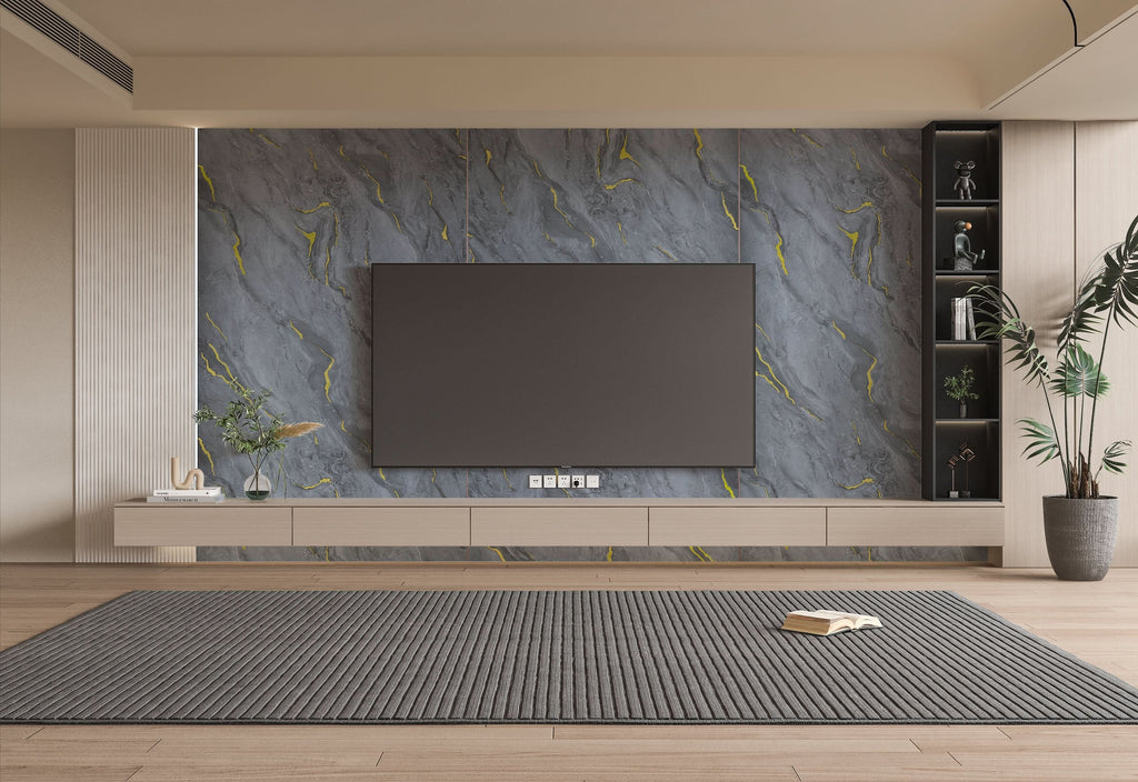 Gray marble PVC TV wall panel with subtle gold veining for modern living room
