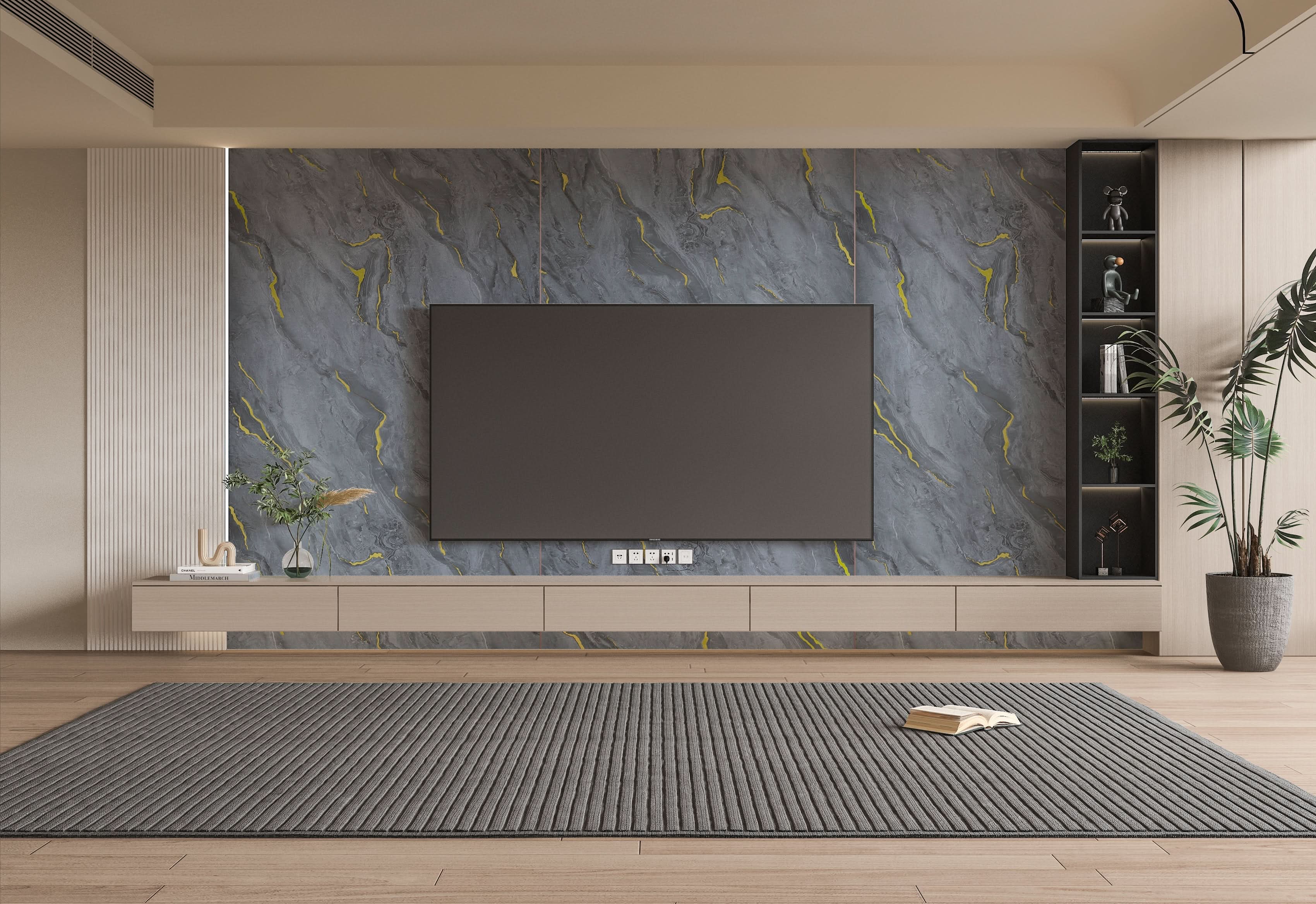 Gray marble PVC TV wall panel with subtle gold veining for modern living room