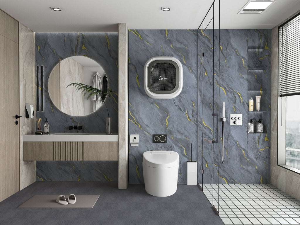 Gray marble PVC wall panels with gold veining in modern bathroom interior