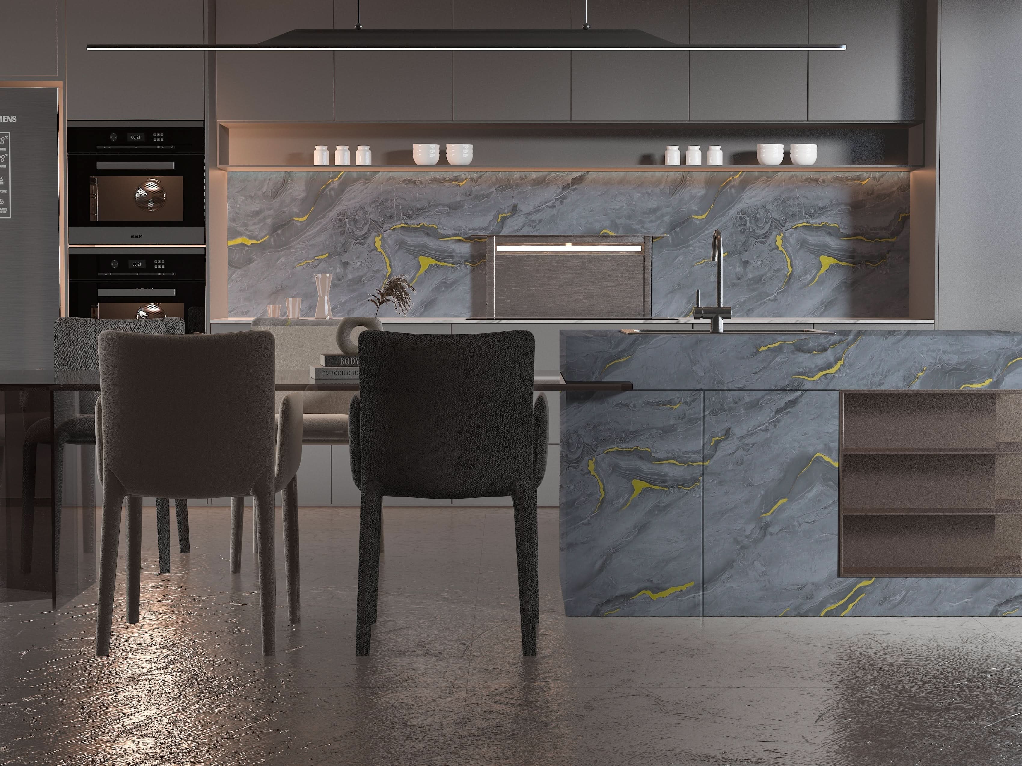 Gray marble PVC backsplash and waterfall kitchen island panels with subtle gold veining