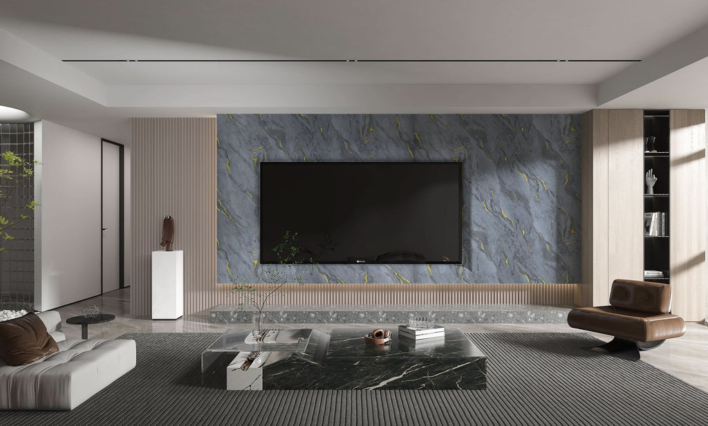 Gray marble PVC feature wall with subtle gold veining for modern TV unit