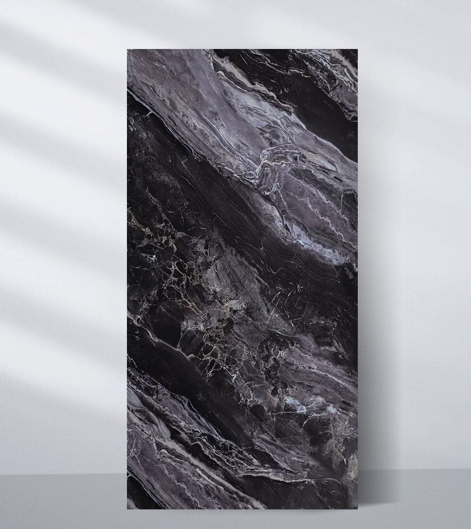 Noir Vein dark marble PVC wall panel with flowing gray natural veining Main image