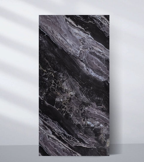 Noir Vein dark marble PVC wall panel with flowing gray natural veining