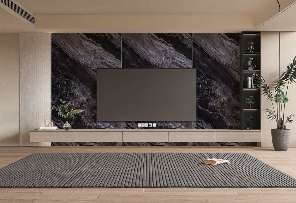 Noir Vein dark marble PVC TV wall panel with flowing gray veining