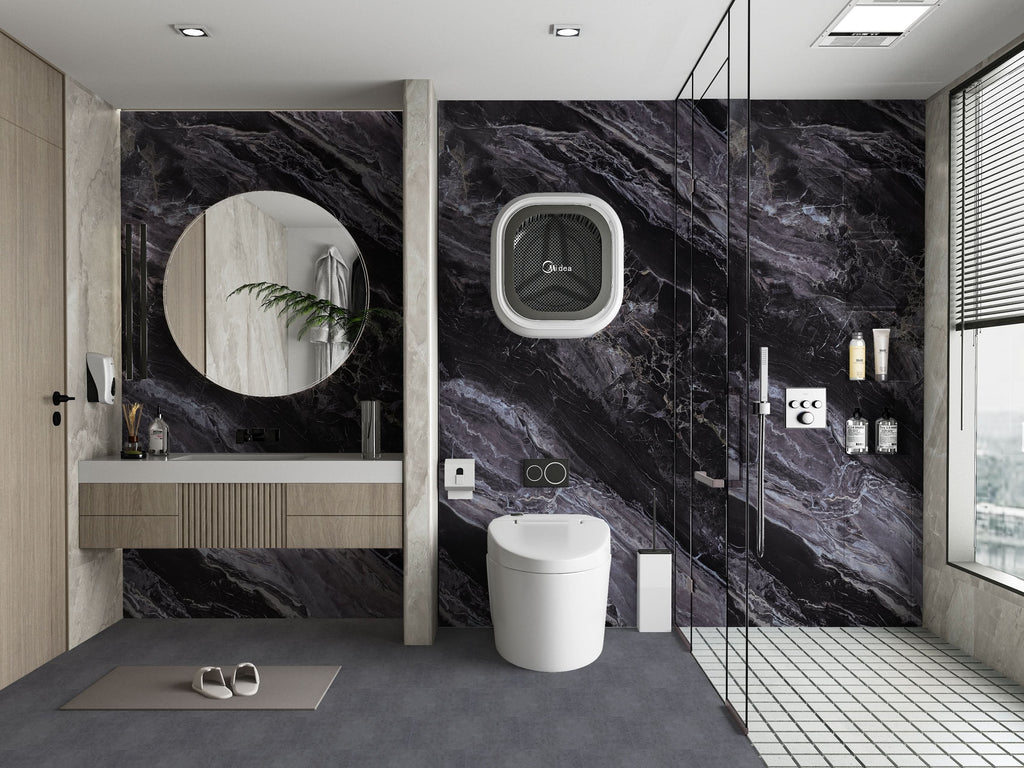 Noir Vein dark marble PVC wall panels with gray veining in modern bathroom interior