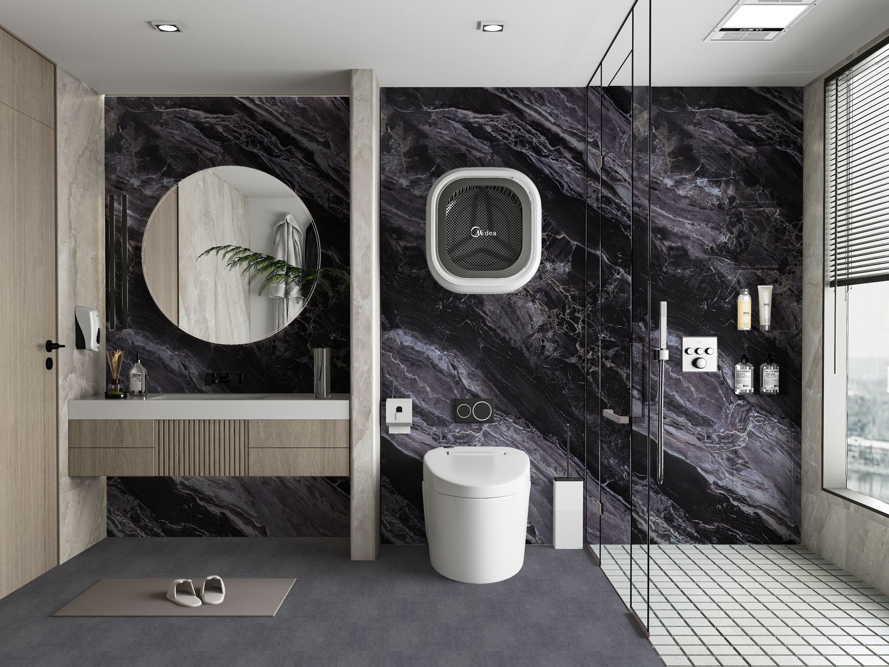 Noir Vein dark marble PVC wall panels with gray veining in modern bathroom interior