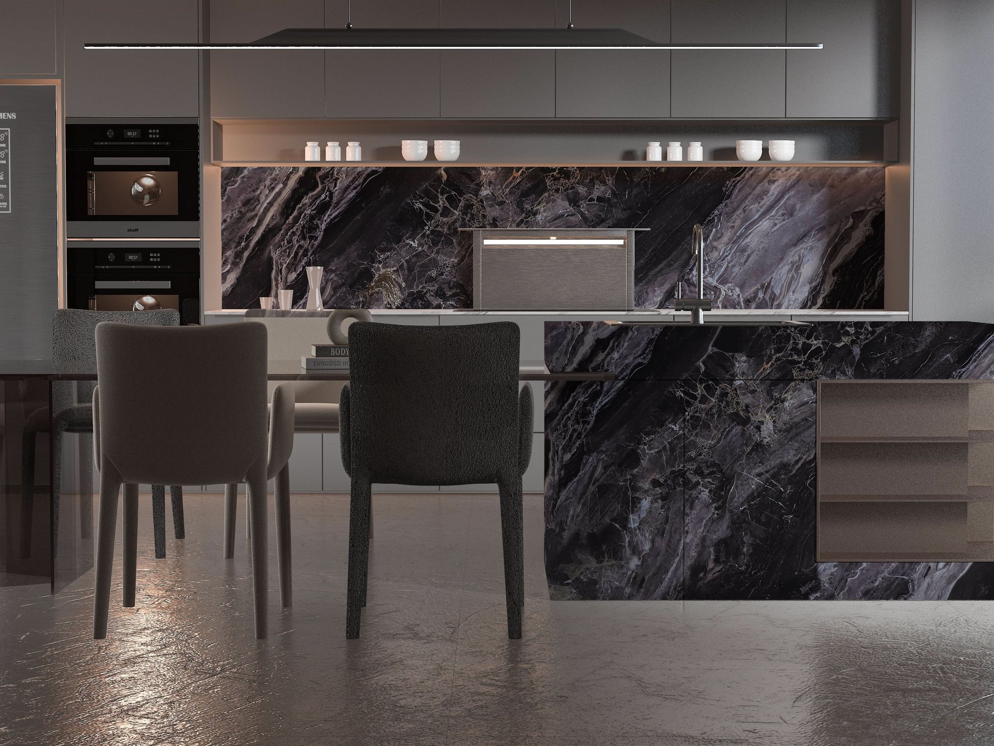 Noir Vein dark marble PVC backsplash and waterfall kitchen island panels with gray veining
