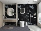 Black marble PVC wall panels with bold white veining in modern bathroom interior