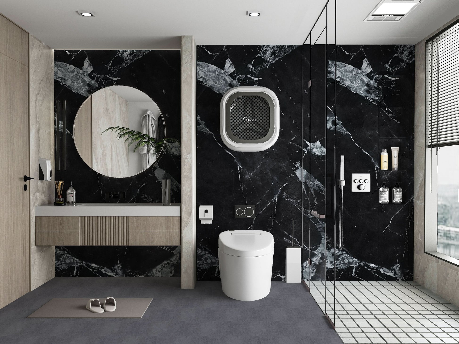 Black marble PVC wall panels with bold white veining in modern bathroom interior