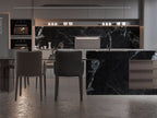 Black marble PVC backsplash and waterfall kitchen island panels with bold white veining