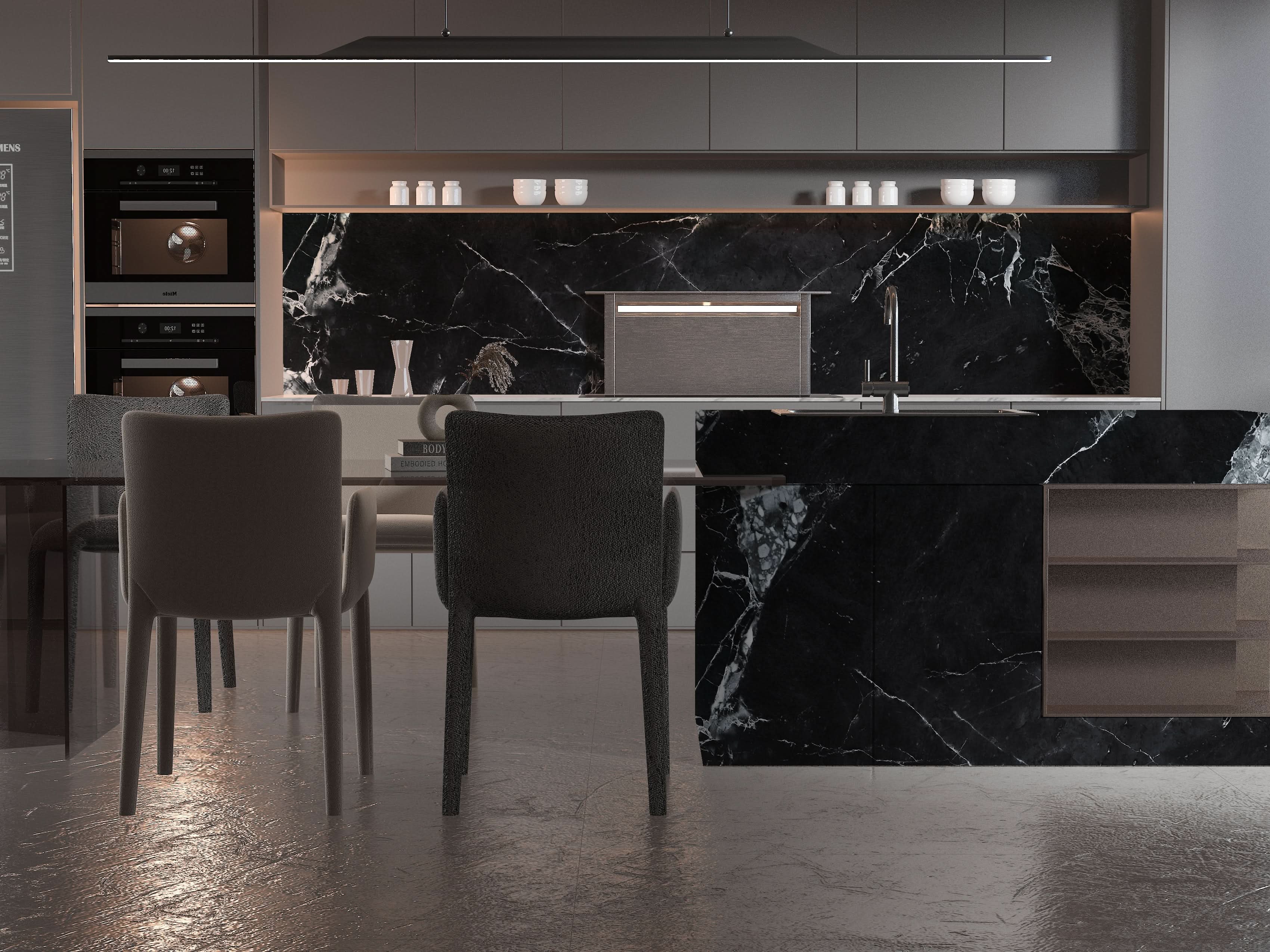 Black marble PVC backsplash and waterfall kitchen island panels with bold white veining