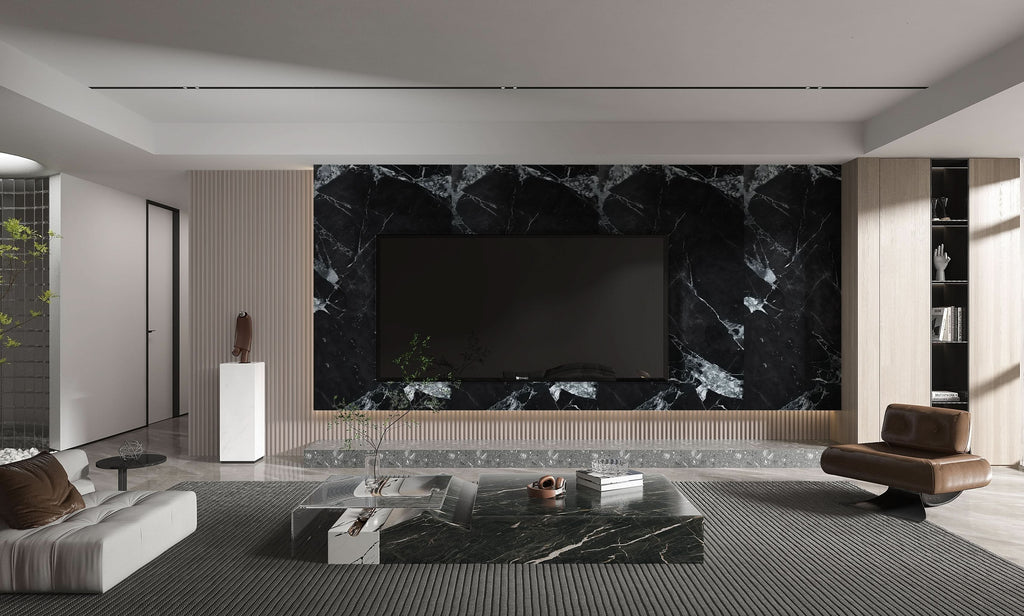 Black marble PVC feature wall panel for modern living room TV unit