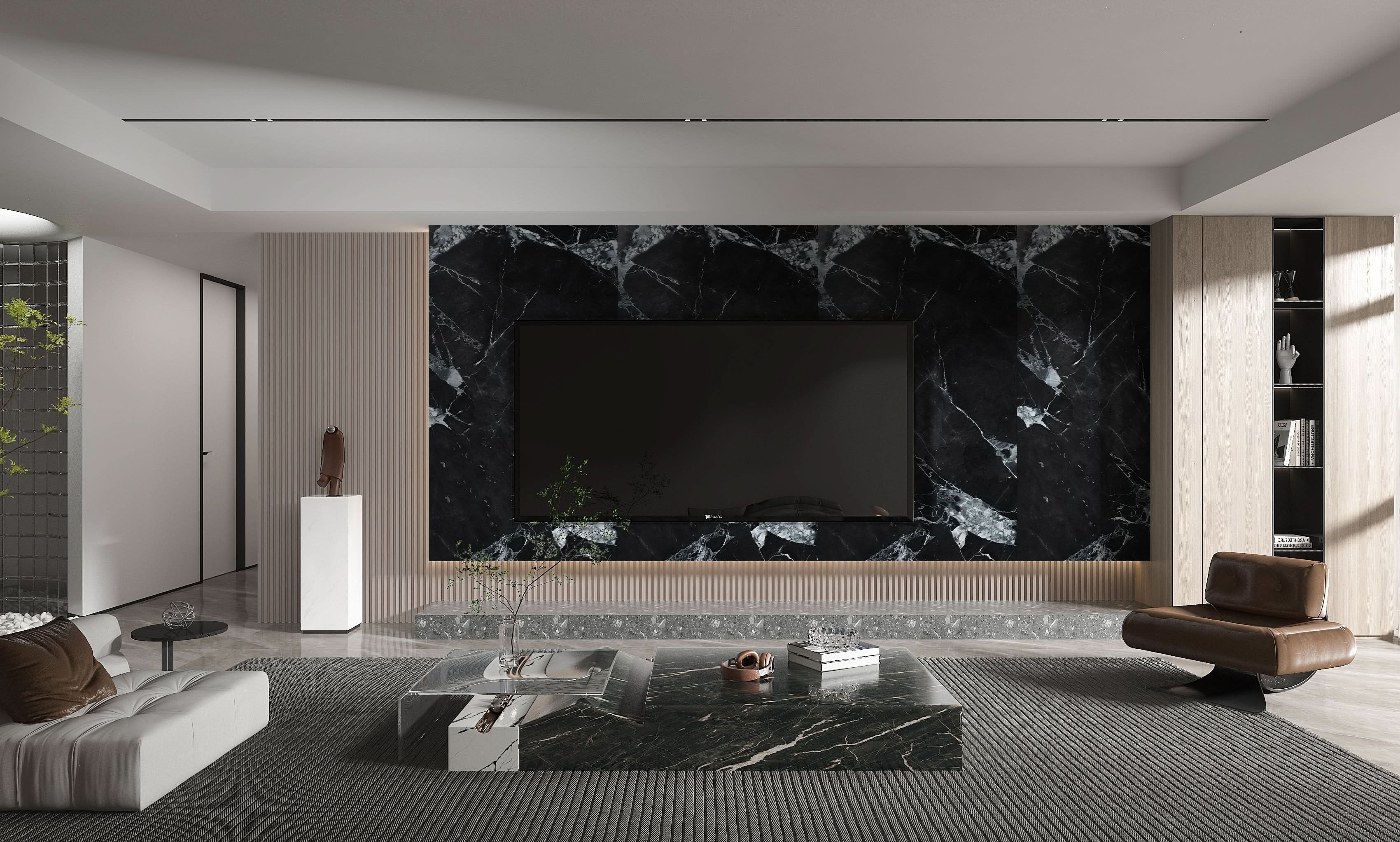 Black marble PVC feature wall panel for modern living room TV unit
