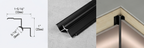 Black aluminum alloy inside corner trim with dimensional diagram, profile close-up, and installed corner view