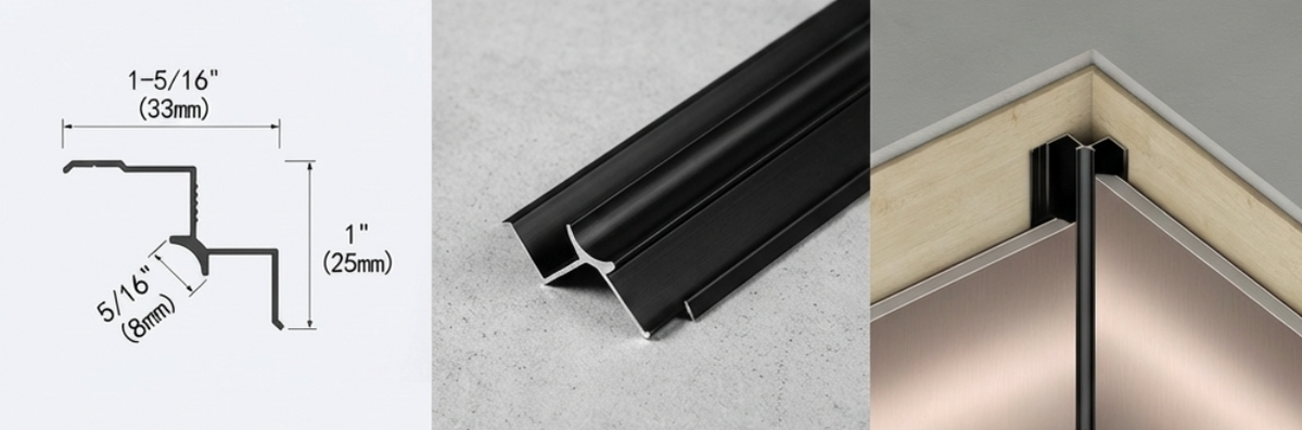 Black aluminum alloy inside corner trim with dimensional diagram, profile close-up, and installed corner view