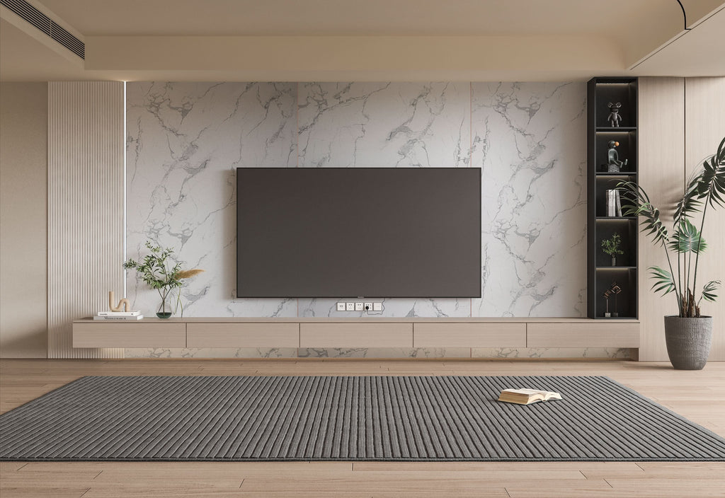 White gray pearl marble PVC wall panel TV feature wall in modern living room interior