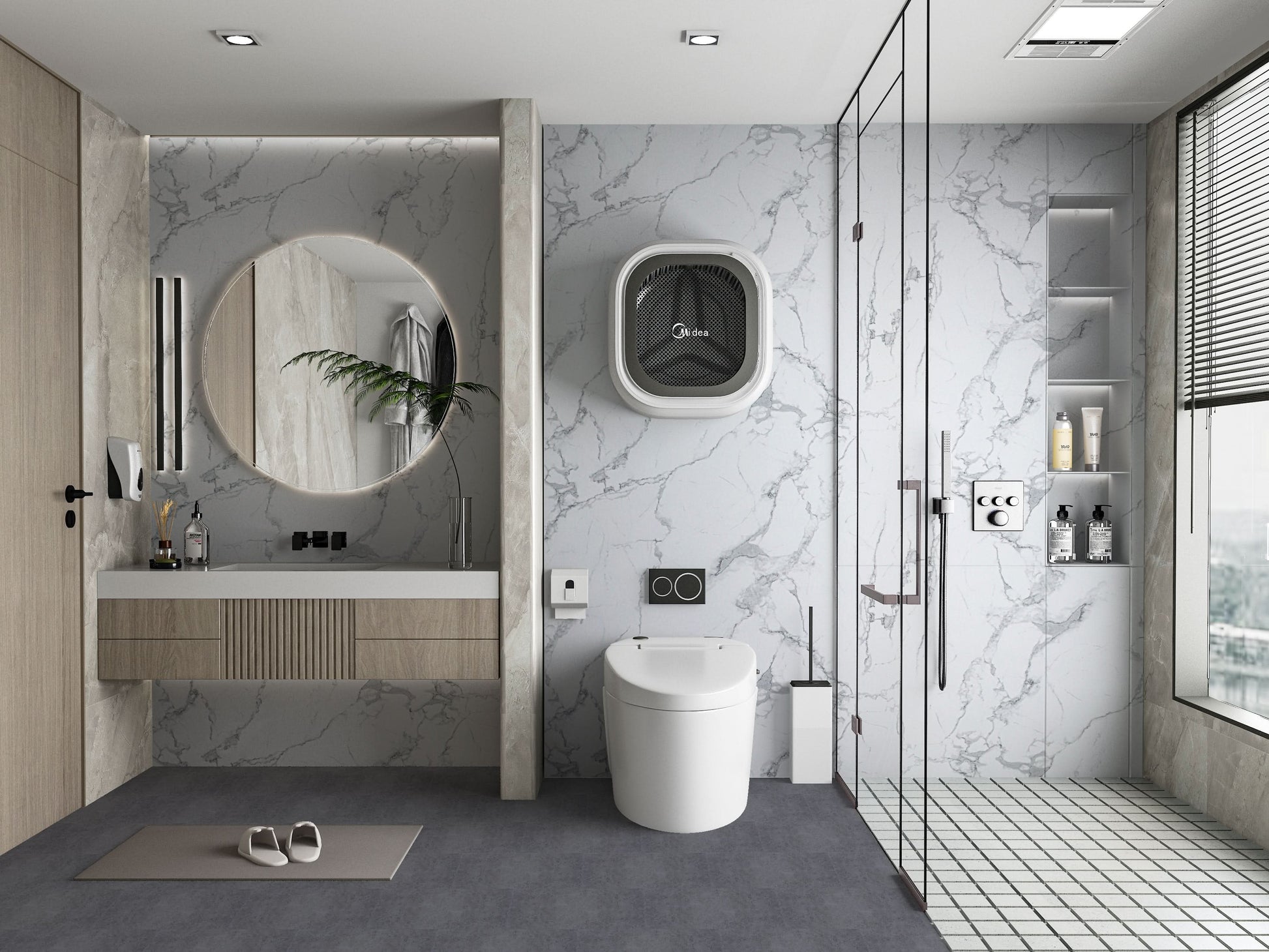 White gray pearl marble PVC wall panels installed in modern bathroom shower and vanity wall