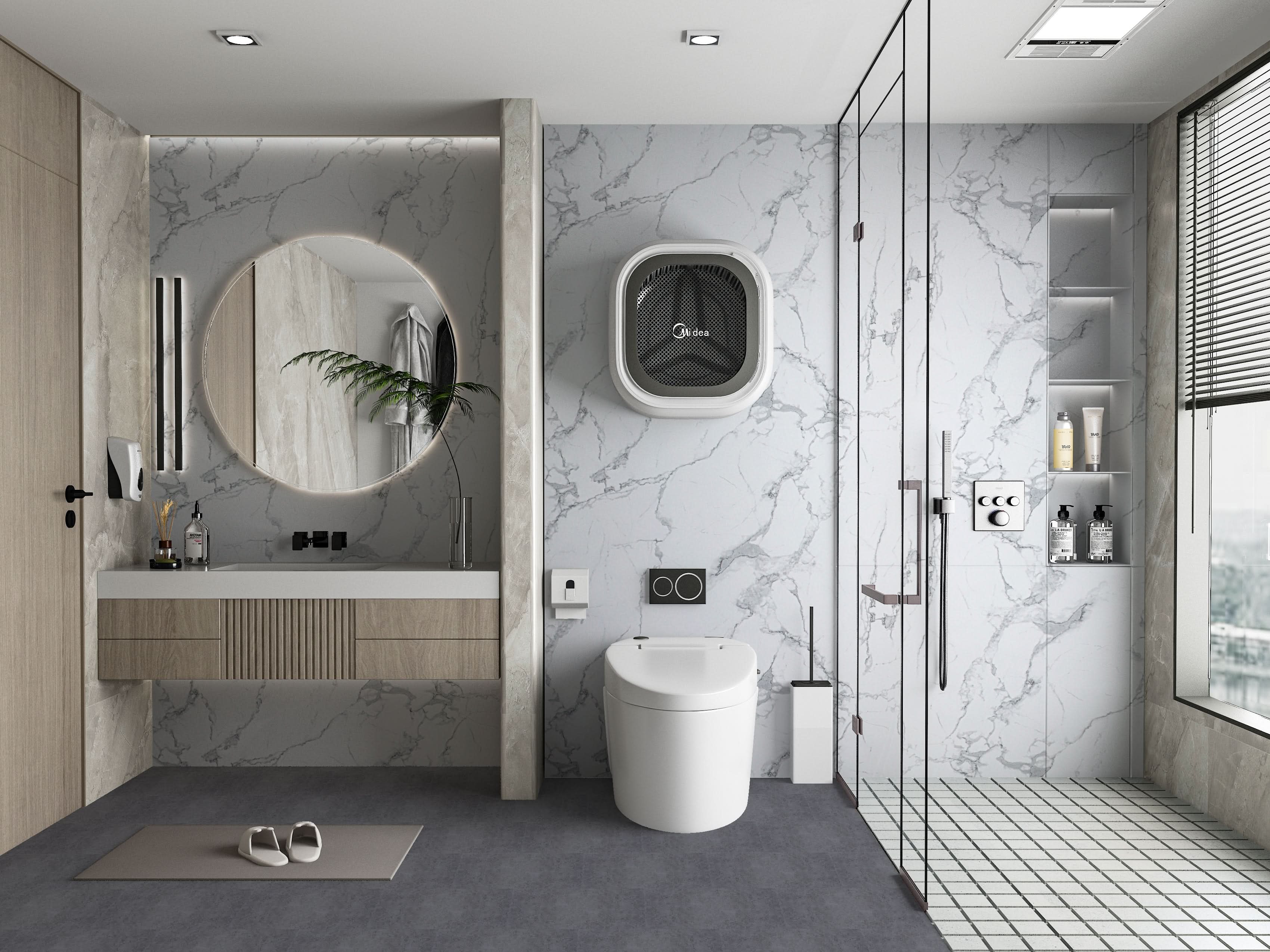 White gray pearl marble PVC wall panels installed in modern bathroom shower and vanity wall