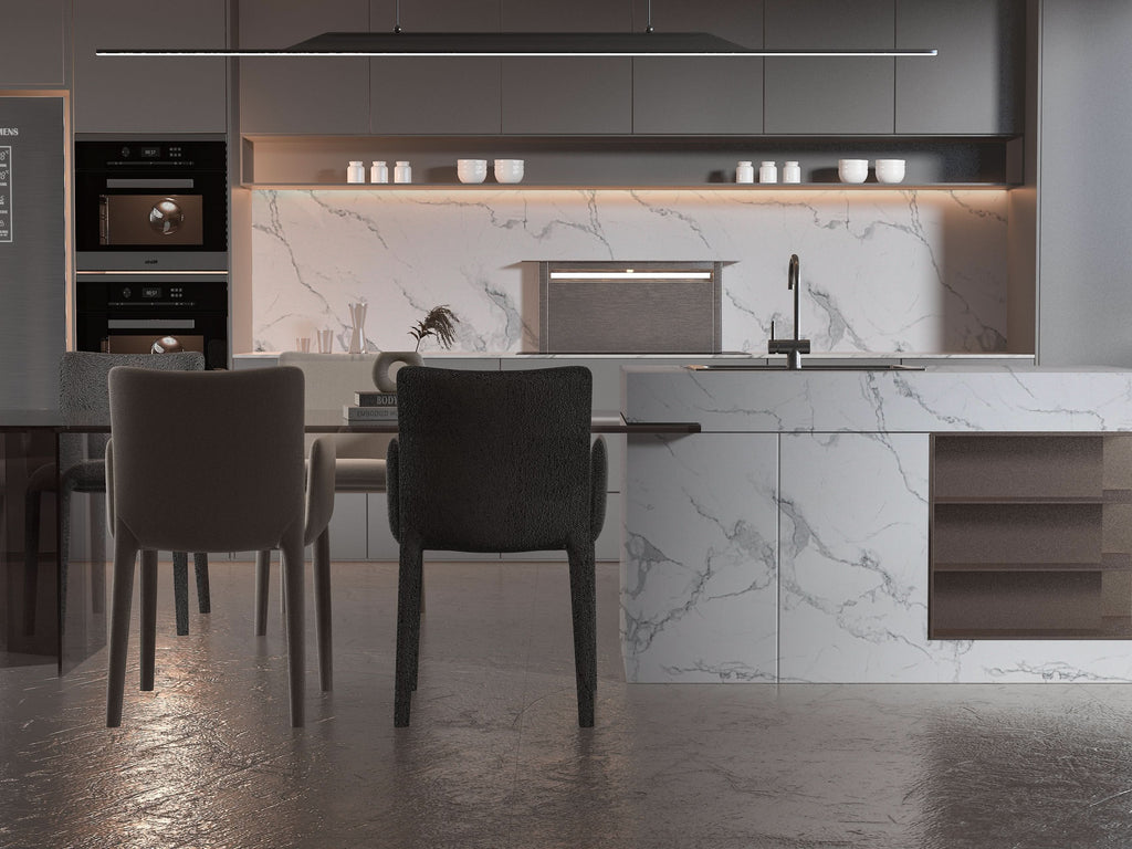 White gray pearl marble PVC wall panels used as modern kitchen backsplash and island cladding
