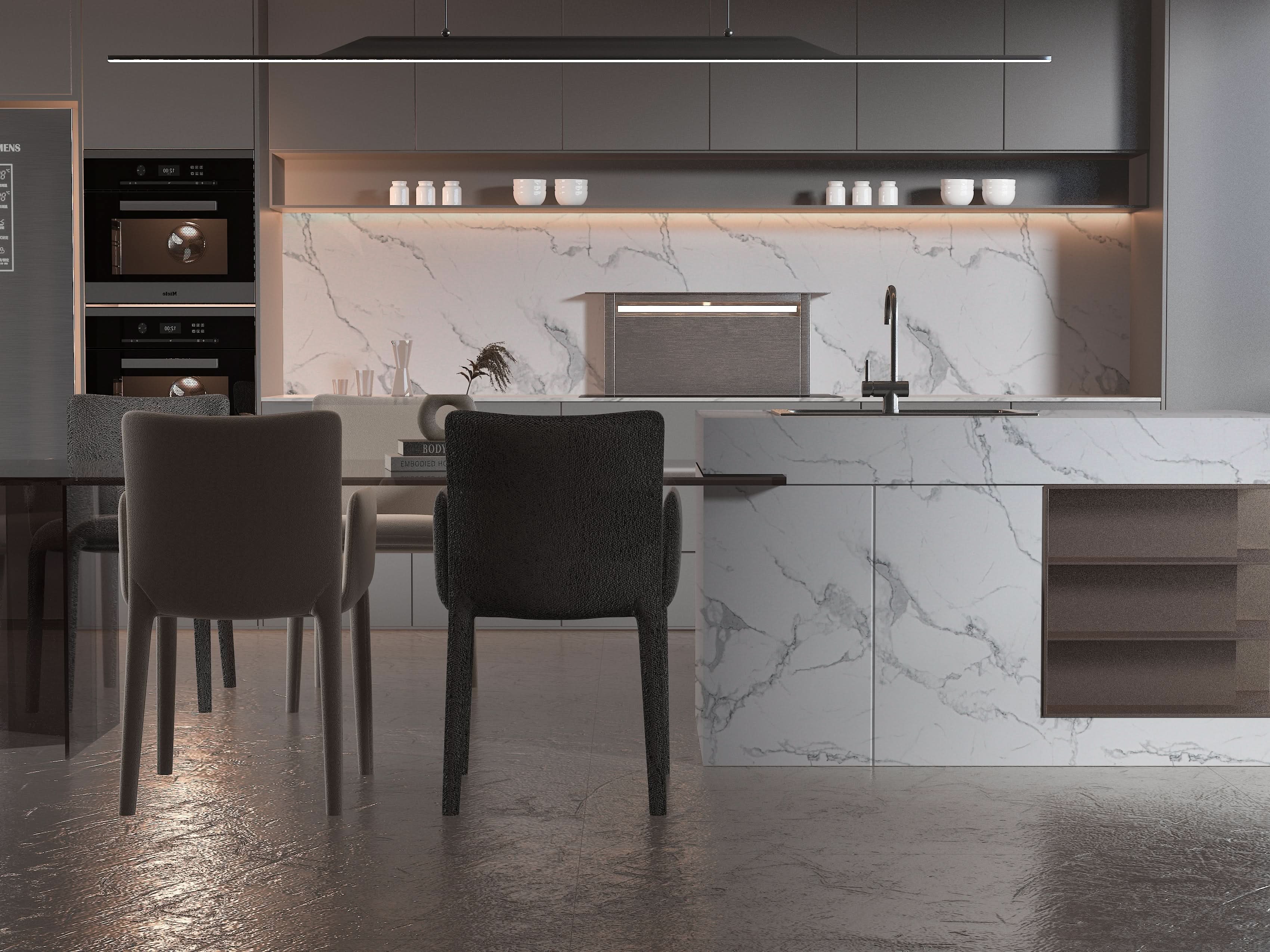 White gray pearl marble PVC wall panels used as modern kitchen backsplash and island cladding