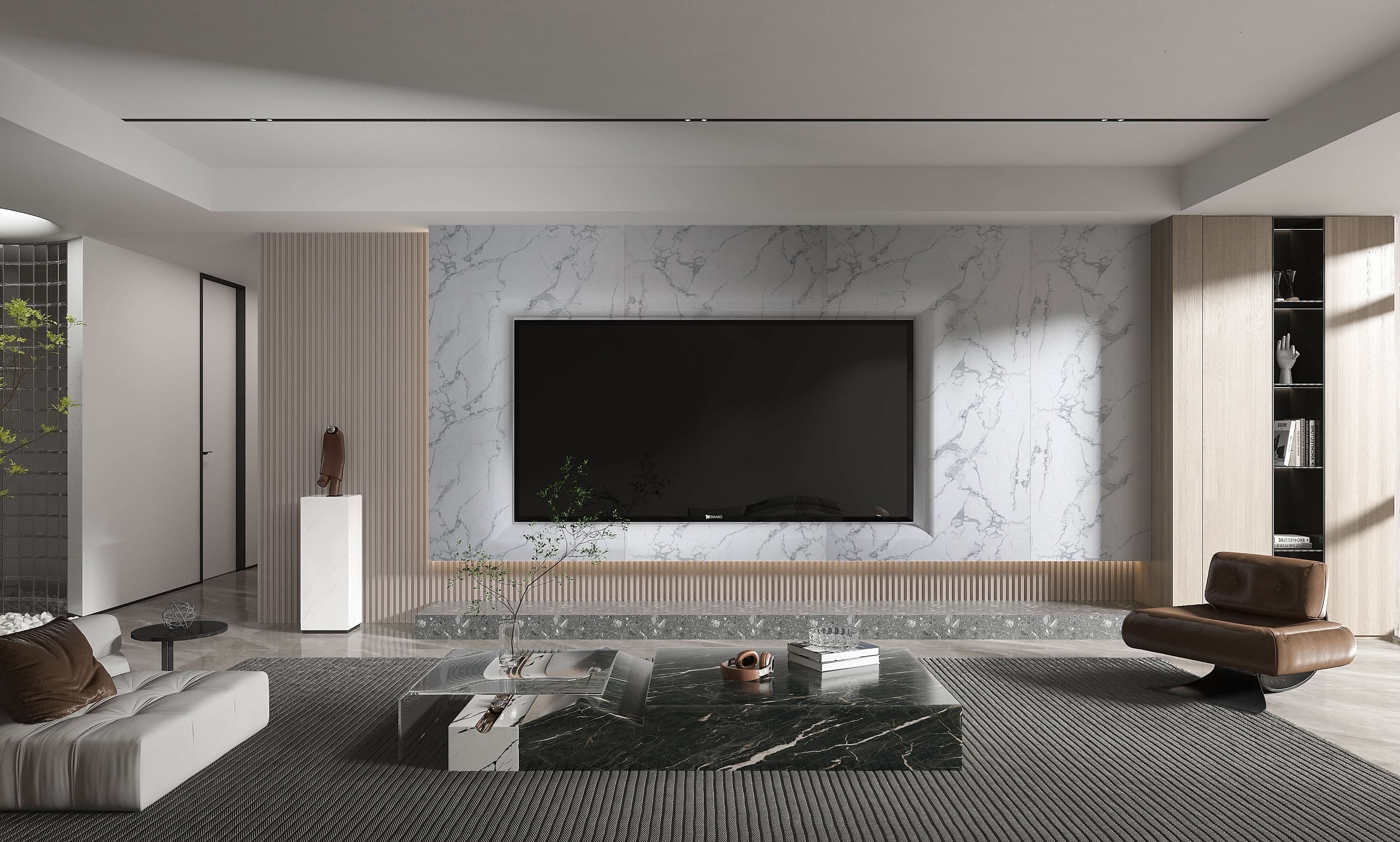 White gray pearl marble PVC wall panel TV feature wall in contemporary living room design
