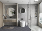 Modern bathroom interior featuring Serene Stone gray PVC marble wall panels with glass shower and floating vanity