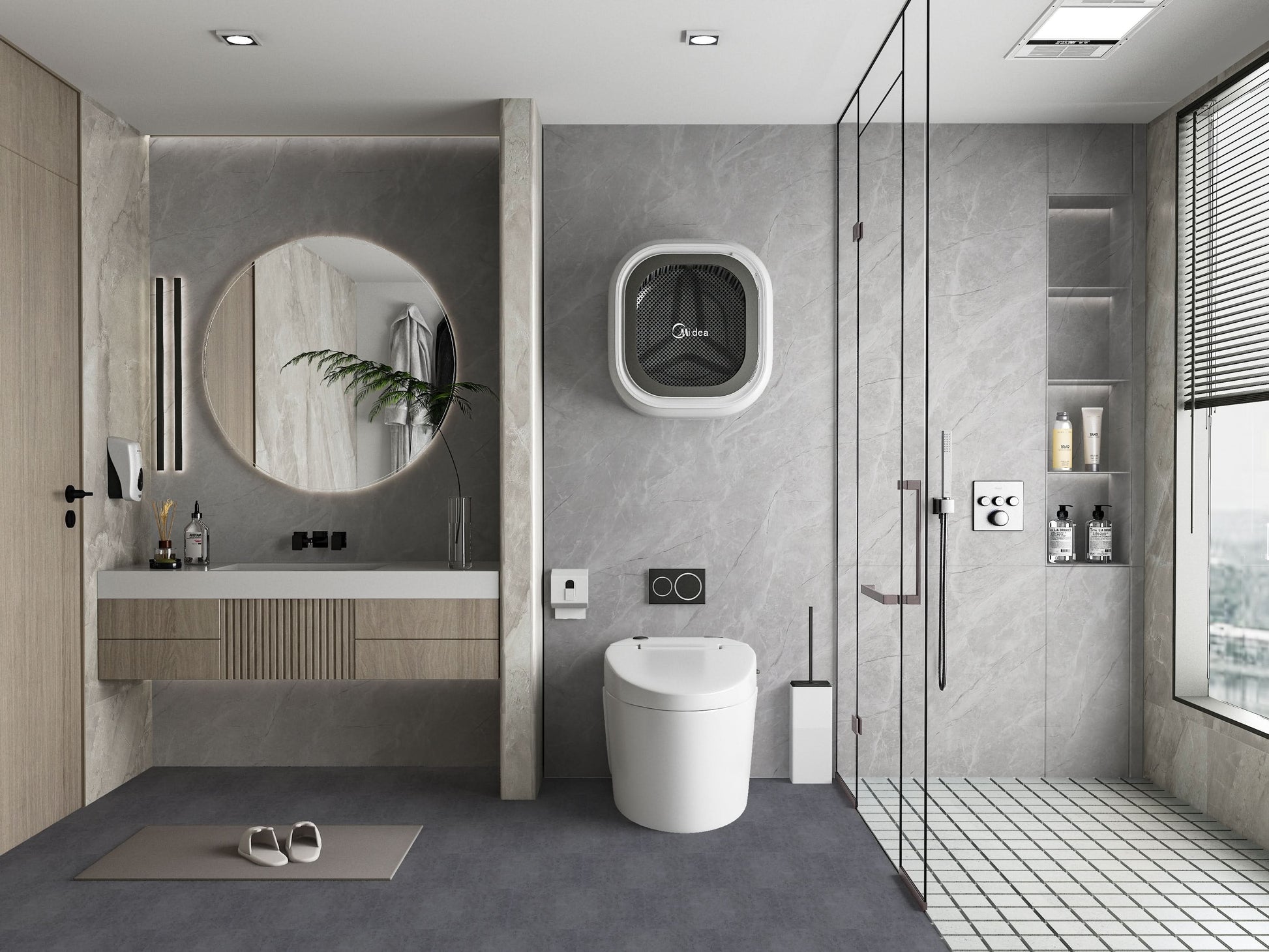 Modern bathroom interior featuring Serene Stone gray PVC marble wall panels with glass shower and floating vanity