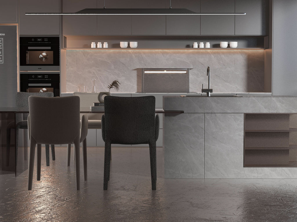 Serene Stone gray PVC marble backsplash and waterfall kitchen island panels
