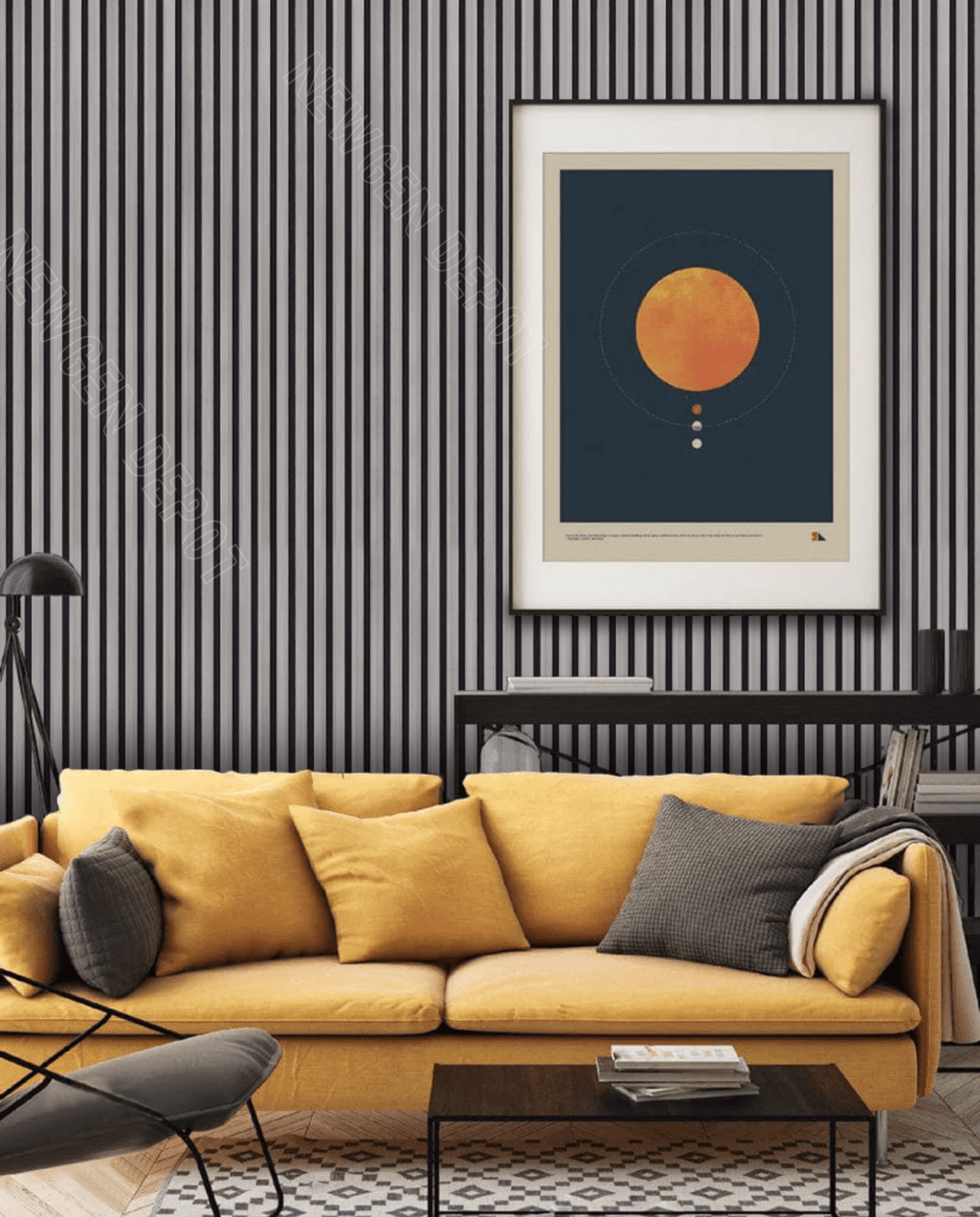 Living room feature wall with black fluted wall panels and vertical slat design
