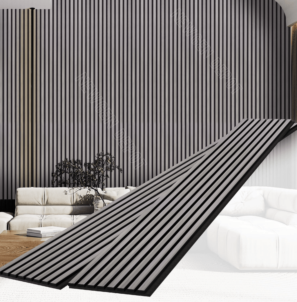 Black fluted wall panel installed as modern interior accent wall with vertical slat design