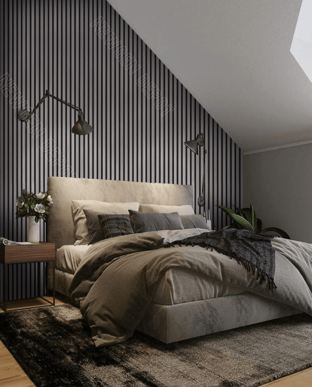 Bedroom accent wall with black fluted wall panels and vertical slat design