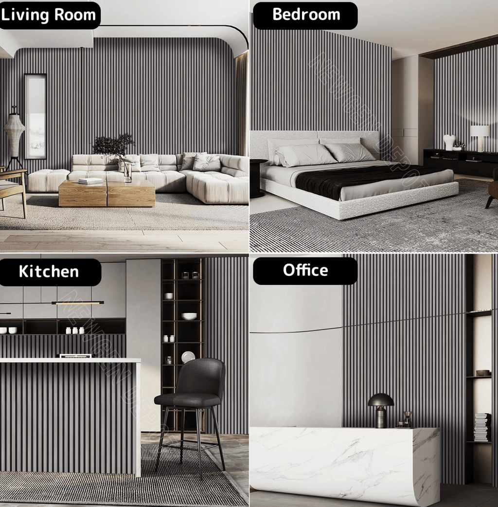 Vertical fluted wall panels used in living room, bedroom, kitchen, and office interiors