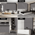 Vertical fluted wall panels used in living room, bedroom, kitchen, and office interiors