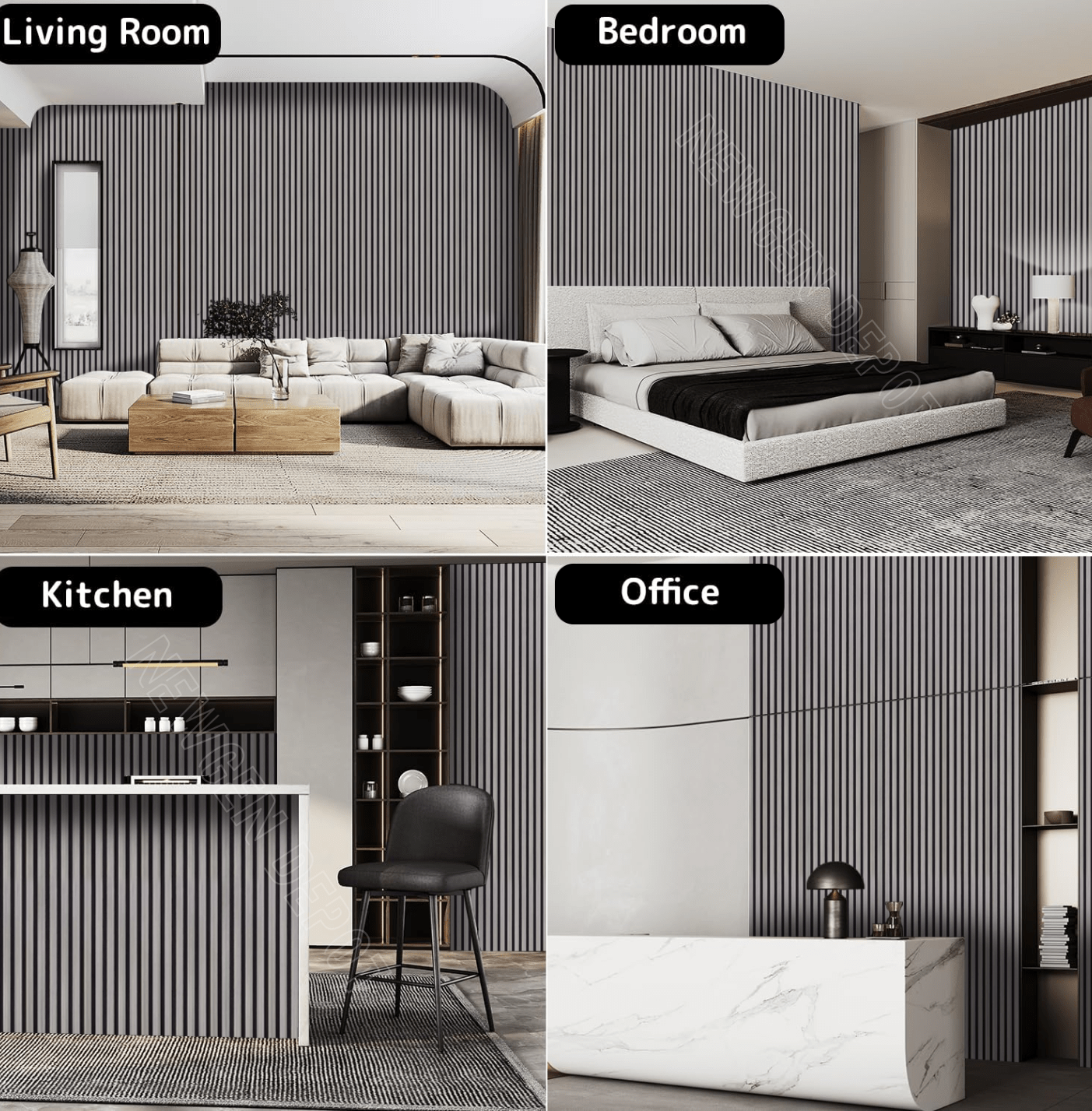 Vertical fluted wall panels used in living room, bedroom, kitchen, and office interiors