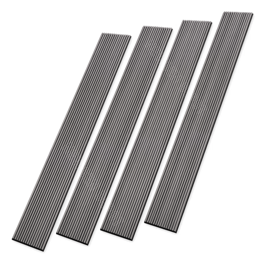 Black fluted wall panels with vertical slat design on white background