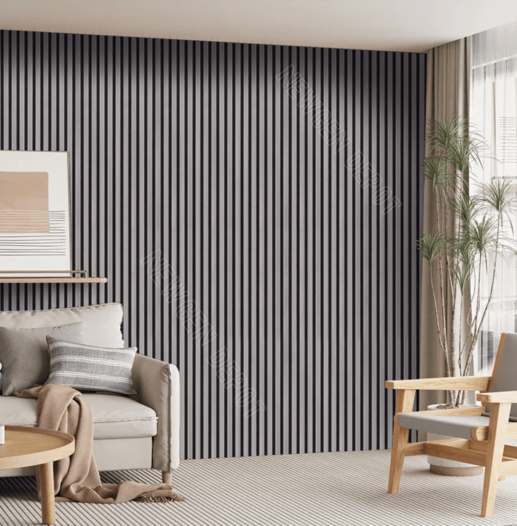Modern living room accent wall with black fluted wall panels and vertical slat design