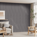 Modern living room accent wall with black fluted wall panels and vertical slat design