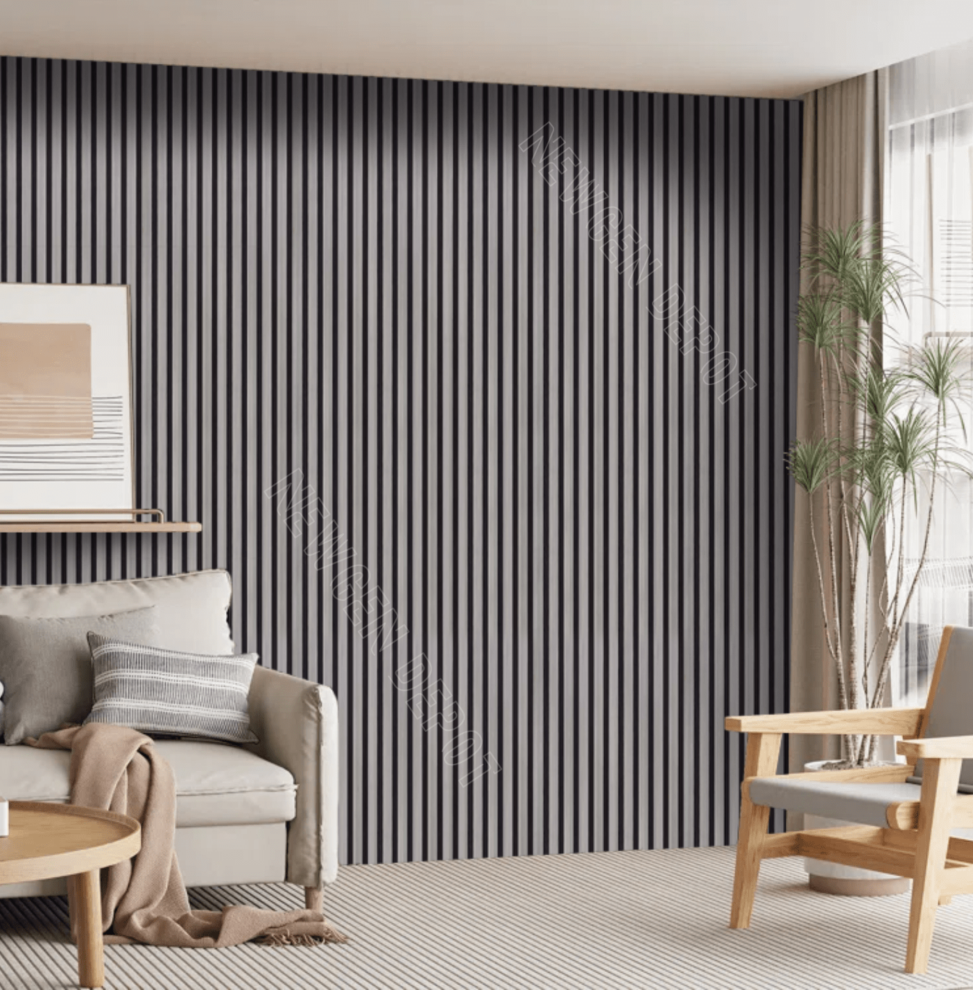Modern living room accent wall with black fluted wall panels and vertical slat design