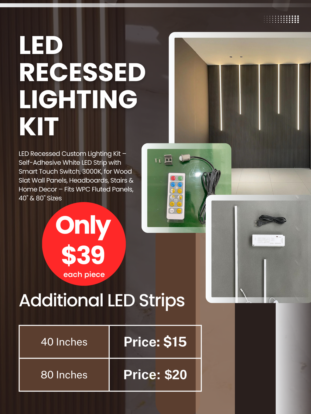 LED recessed lighting kit with vertical smart LED strip lights for fluted wall panels