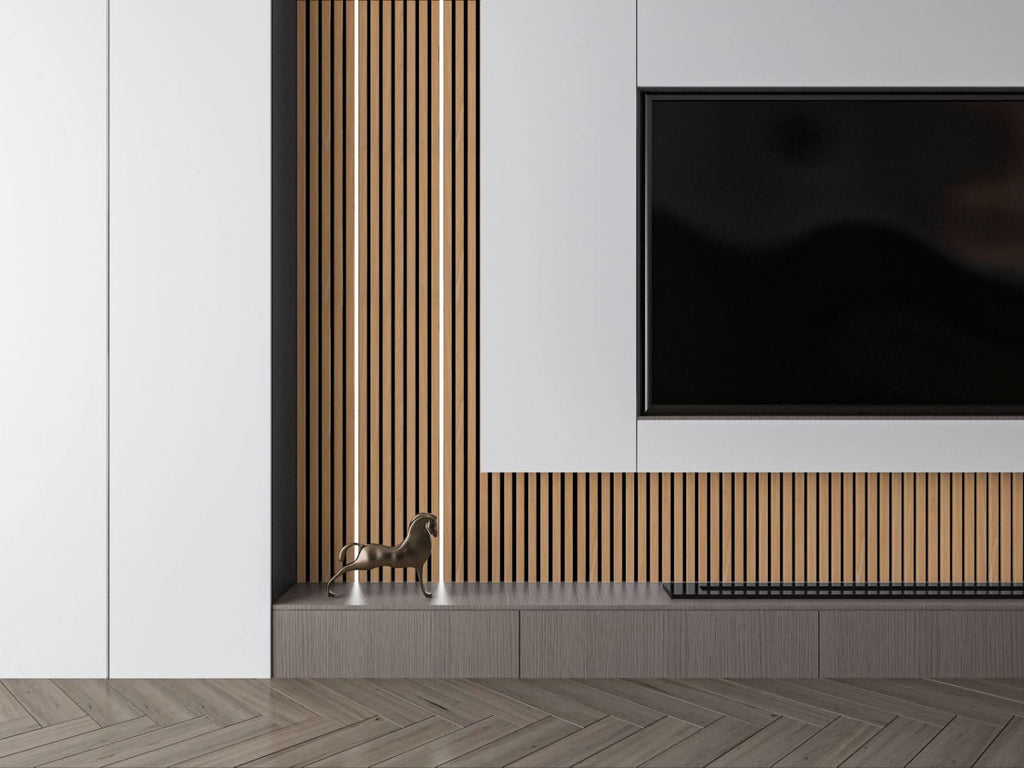 Modern TV feature wall with fluted wood panels and integrated vertical LED accent lighting