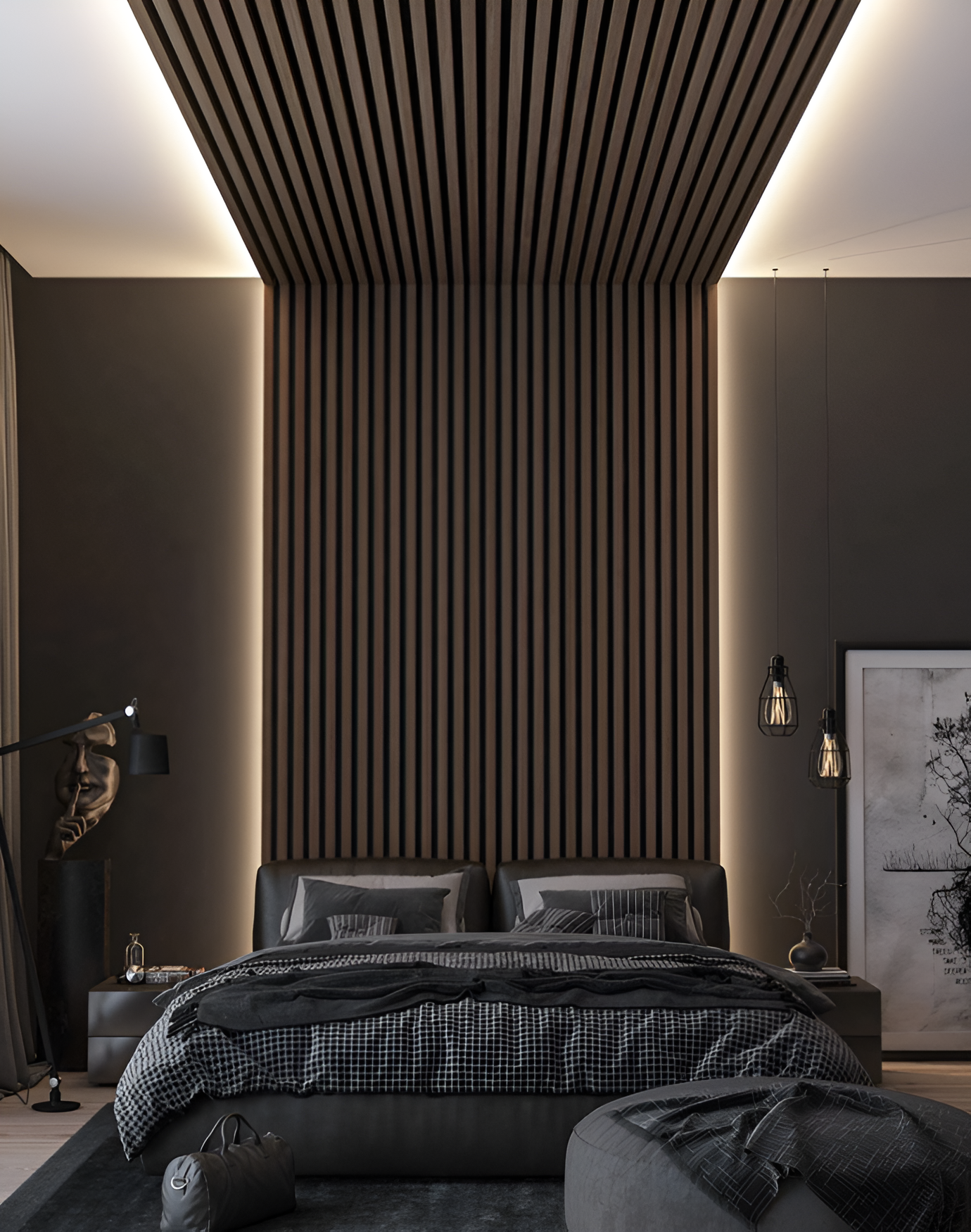 Fluted wall and ceiling panels with recessed LED strip lighting behind modern bedroom headboard