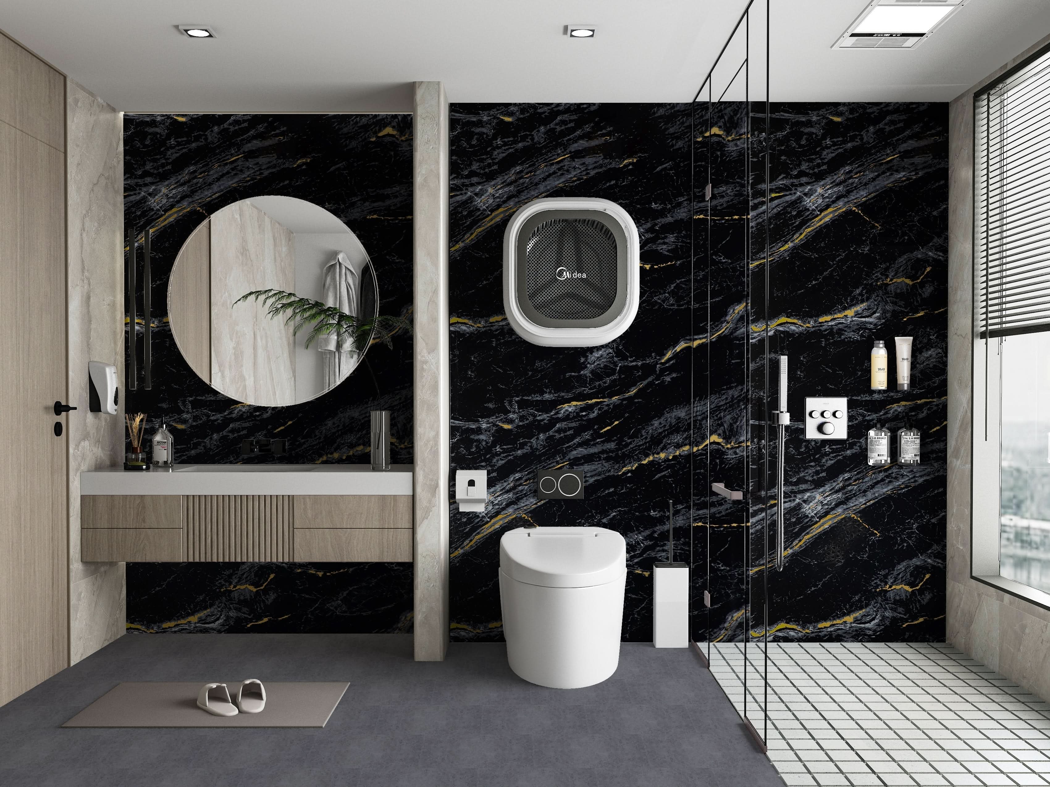 Midnight Gold marble PVC wall panels with gold veining in modern bathroom interior