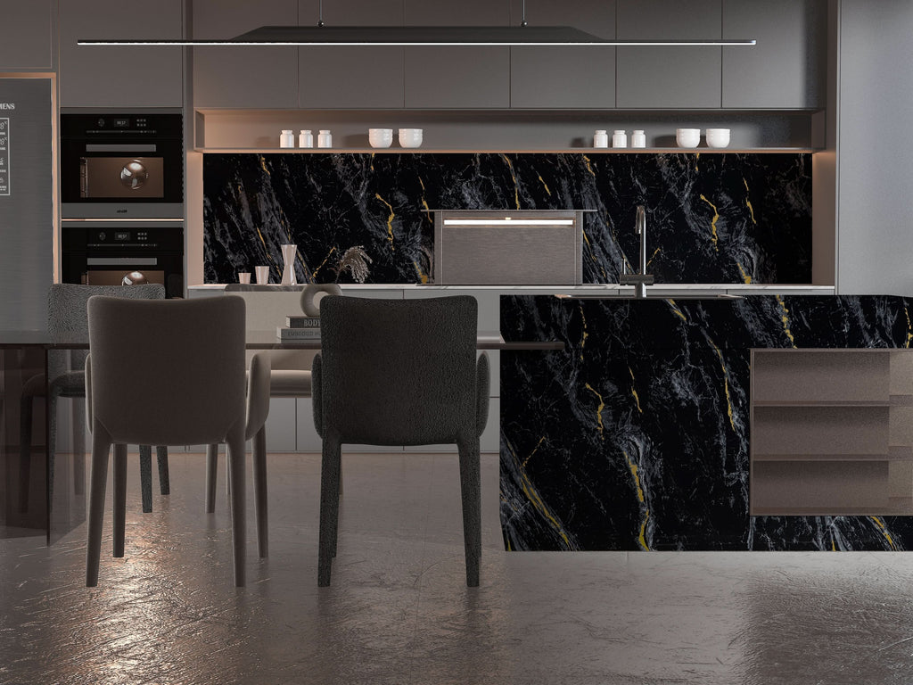 Midnight Gold black marble PVC backsplash and waterfall kitchen island with gold veining
