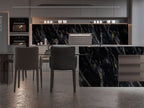 Midnight Gold black marble PVC backsplash and waterfall kitchen island with gold veining