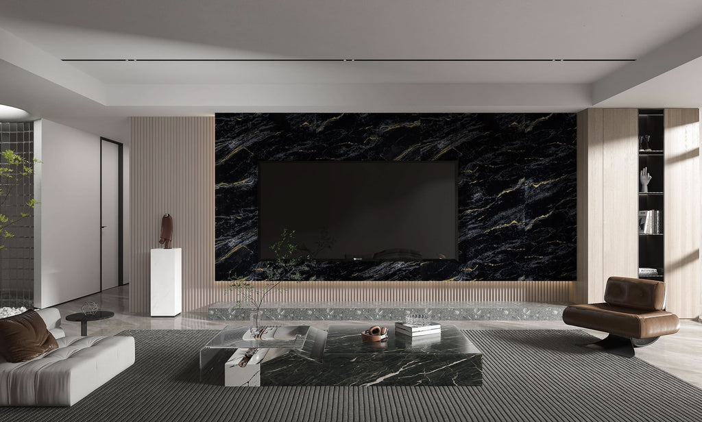 Midnight Gold marble PVC feature wall with black base and gold veining for TV unit